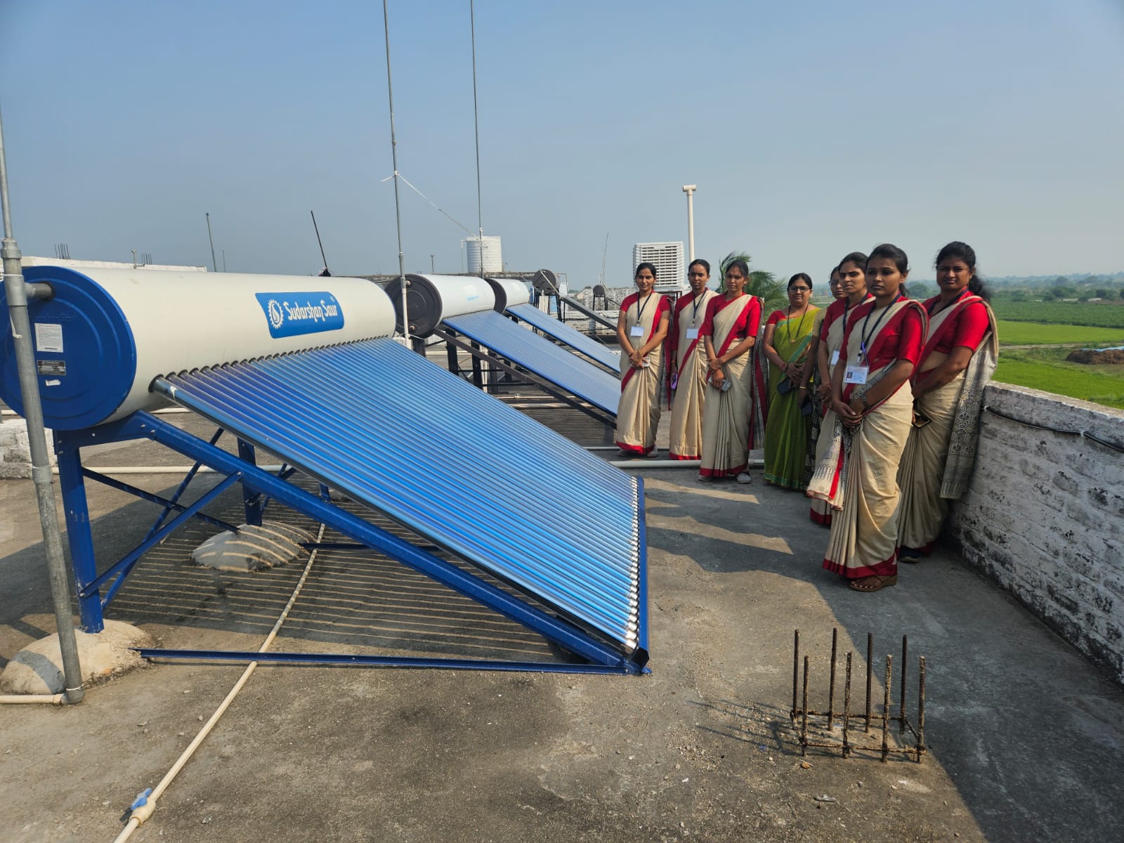 Solar water heating system installed on a college building rooftop